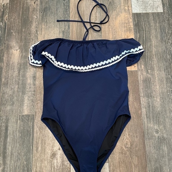 J. Crew Women Navy Blue Rickrack Ruffle Halter Tie Bandeau Swimsuit Sz 10 - Picture 2 of 8